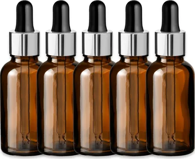 Produktbild von 5x Braune Glasflasche 30 ml mit silberner Aluminiumpipette Nachfüllbar