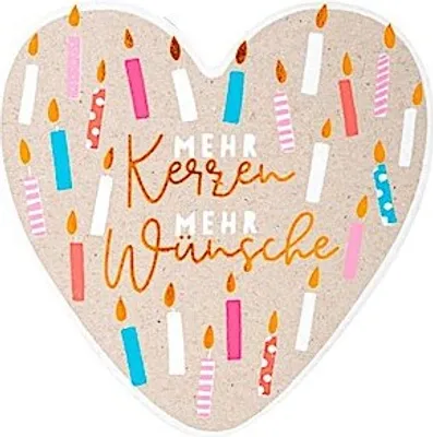 Produktbild von Grußkarte happy hearts »14« \Mehr Kerzen, mehr Wünsche\" in Herzform"