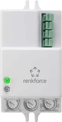 A white renkforce motion detector with green connectors and a green indicator light.