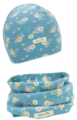 Immagine prodotto di Set composto da berretto e sciarpa per bambine, in cotone, colore blu, motivo fiori, taglia 37-43 cm