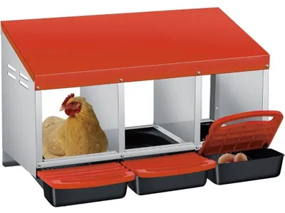 Produktbild von Hühner Legenest - Metall Nistkasten mit 3–4 Abteilen - Herausziehbare Auffangschale - Bequeme Eiersammlung - Für Hühnerstall & Freilandhühner - Rot