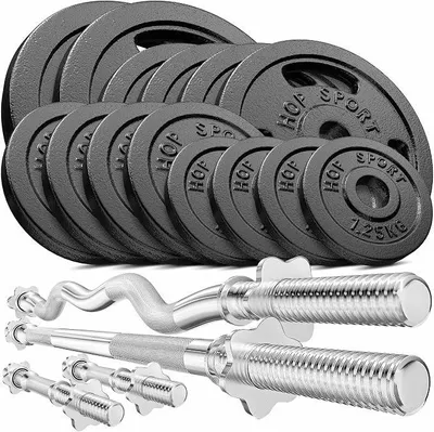 Imagen del producto de Silecomplaza, juego de pesas de 76 kg, que incluye: 1 barra larga, 1 barra corta y 2 mancuernas, junto con 14 discos de peso: 2 de 10 kg, 4 de 5 kg, 4 de 2,5 kg y 4 de 1,25 kg