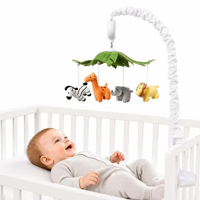 Produktbild von Baby Mobile Safari Musik 12 Lieder – Drehbar, weiß, Spieluhr | Kinderzimmer Deko & Bettspielzeug für Jungen & Mädchen