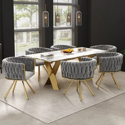 Immagine prodotto di okwish Sedia da pranzo girevole, in velluto, set di 6 pezzi, singola, color crema, sedia girevole per il soggiorno, con 4 gambe in metallo, grigio e oro