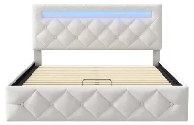 Produktbild von Polsterbett - Doppelbett 140x200 cm - Bettkasten mit Hydraulik - LED-Beleuchtung - Samtbezug - Stauraum - Beige