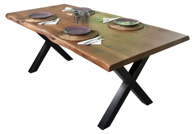 Produktbild von Esstisch Baumkante massiv Akazie Nussbaum 200 x 100 X-Gestell schwarz CALI