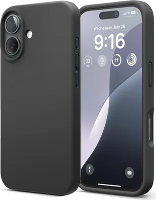 A black iPhone case is shown next to an iPhone displaying its lock screen.