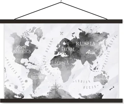 Produktbild von MuchoWow® Textilposter Weltkarte - Schwarz - Ölfarbe 90x60 cm mit schwarzem Rahmen - Aufhängungssatz