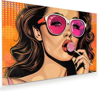 Produktbild von Glasbild 120x80cm in XXL für Wohnzimmer, Schlafzimmer Motiv Frau Mit Lollipop