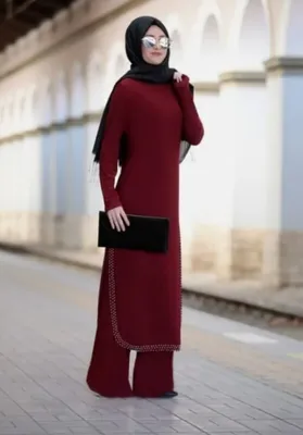 Produktbild von Abendkleid Zweiteilges Outfit Tunika & Hose Lang Hijab Rot 40 Tesettür S-951