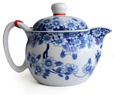 Teekanne 350 ml Blau-Weiß mit Edelstahlfilter, Blumenmuster