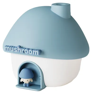 A blue and white mushroom-shaped humidifier with a small mushroom character in the doorway.