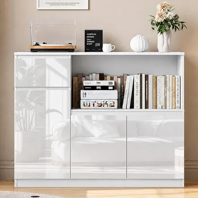 Image de Commode blanche laquée, meuble de rangement blanc avec 1 tiroir et 3 portes, commode pour chambre, salon, bureau, couloir