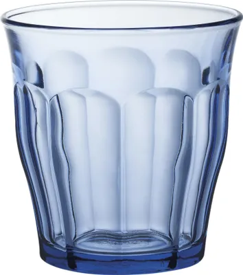 A single blue glass is shown against a white background.