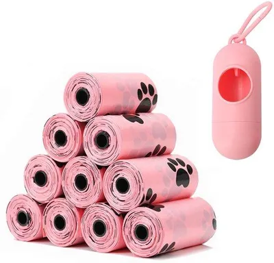 Productafbeelding van Ibenzoa® Biologisch afbreekbare hondenpoepzakjes, 30 x 22 cm – Roze, geparfumeerd, scheurbestendig, met dispenser, 10 rollen (150 zakjes)