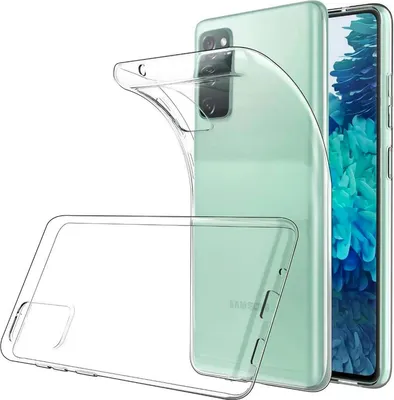 A clear phone case is shown in front of a green smartphone.