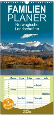 Produktbild von Familienplaner 2026 - Norwegische Landschaften mit 5 Spalten (Wandkalender, 21 x 45 cm) CALVENDO