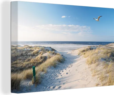 Produktbild von OneMillionCanvasses® - Leinwandbilder - 140x90 cm, Düne - Möwe - Strand - Meer - Sonne, Wandbilder Kunstdruck Wanddekoration - Foto auf Leinwand - Gemälde auf Holzrahmen