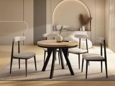 Produktbild von Runder Ausziehbarer Esstisch im Loft-Stil – Verlängerbarer Tisch mit Schwarzen Holzbeinen & Metallring – Platzsparender Esstisch für Wohnzimmer – Eiche Braun – 90 bis 190 cm