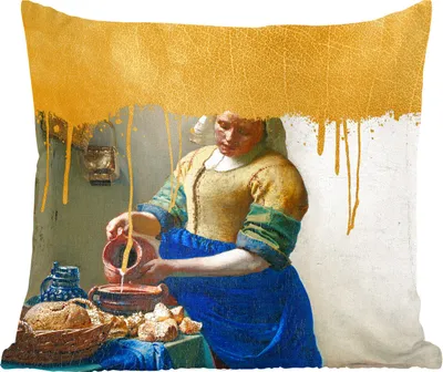 Produktbild von MuchoWow® Zierkissen Sofakissen Wohnzimmer Dekokissen 60x60 cm Milchmädchen - Gold - Vermeer - Sitzfläche - Foto Polster