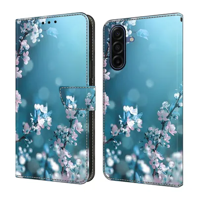 Produktbild von CLM-Tech Handyhülle kompatibel mit Samsung Galaxy A27 5G Hülle - Tasche aus Kunstleder - Klapphülle mit Ständer und Kartenfächern - Schutzhülle Wallet Case Cover Pflaumenblüte blau