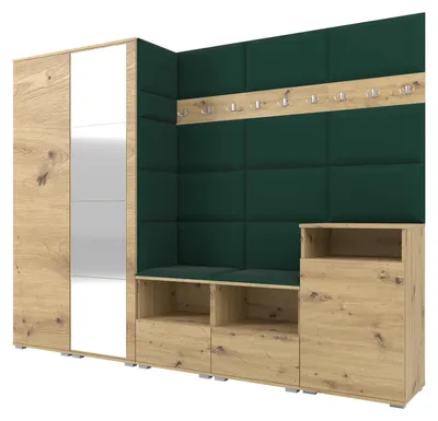 Produktbild von Garderobe NELA VIII 250 cm Modulare Flurmöbel Artisan Eiche mit Spiegel & Sitzpolster Flaschengrün 28 (Set XL)