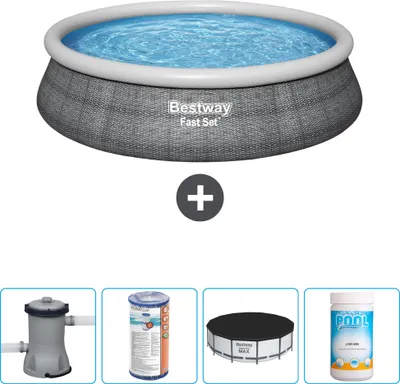 Immagine prodotto di Bestway piscina gonfiabile rotonda ad ambientazione rapida - stampa rattan - 457 x 84 cm - inclusa pompa - filtro - copertura - cloro