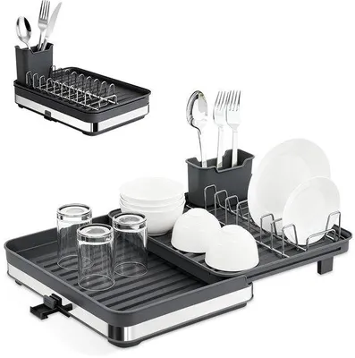Produktbild von Unyqoos® Geschirrabtropfgestell – ausziehbar 30–51 cm, Kunststoff & Edelstahl, multifunktional mit Besteckhalter