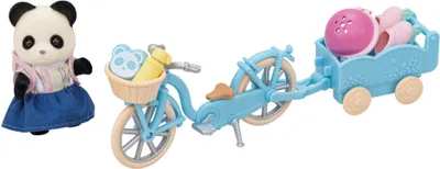 A Sylvanian Families panda figure with a bicycle and trailer.