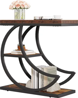 Produktbild von Tribesigns 3-Tier Beistelltisch, Industrielle Beistelltische mit 3 Ablageflächen, Couchtisch Sofatisch mit halbmondförmigem Metallrahmen, Braun