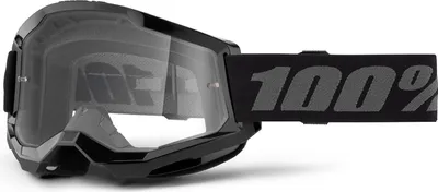 A black pair of motocross goggles with a black strap featuring the '100%' logo.