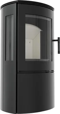 A black modern stove with a glass door and a handle on the side.