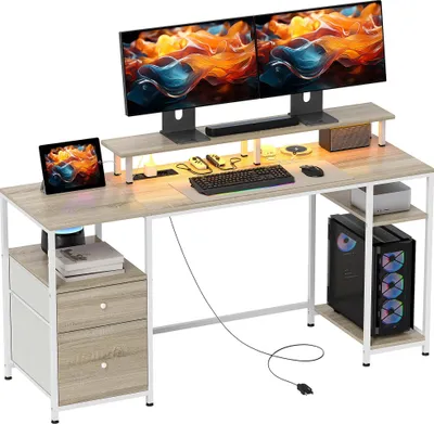 Image de Bureau - Bureau d'ordinateur - Éclairage LED - Étagères - Rectangulaire - 155,5 x 48 x 75,5 cm - Assemblage requis - Naturel