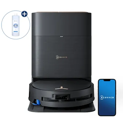 A robot vacuum cleaner and its charging station are displayed against a white background, alongside a smartphone showing the brand's app and a bottle of cleaning solution.