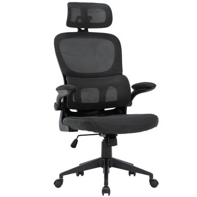 A black ergonomic office chair with a mesh back and headrest is shown against a white background.