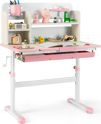 A pink and white adjustable children's desk with a shelf and various decorative items on it.