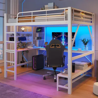 Productafbeelding van okwish Hoogslaper 160x200 met trap, bureau en opbergruimte, kinderbed met LED-strip, USB- en Type-C-aansluitingen, enkelbed, wit, zonder matras