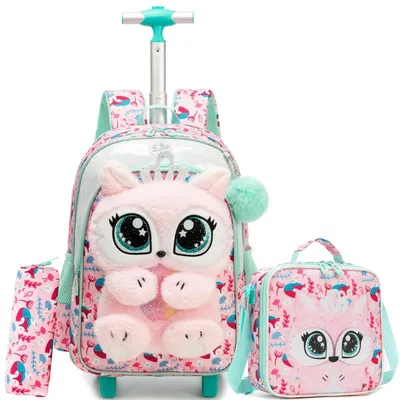 Immagine prodotto di Zaino da scuola con rotelle, set da 3 pezzi per bambine, zaino trolley Fox, 42x30x20 cm