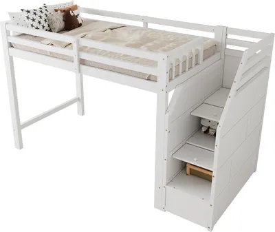 Produktbild von Hochbett, 90x200cm, Bett mit Lattenrost (ohne Matratze)Geländer,Verstaubare Stufen,Freier Raum zum Verkleiden nach Belieben, EN747