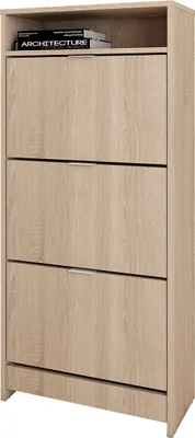 A tall, narrow shoe cabinet with three flip-down doors and a small shelf at the top.