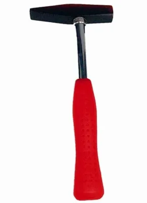 A hammer with a red handle is shown against a white background.