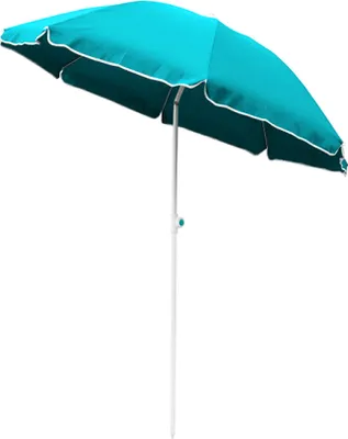 A teal beach umbrella with a white trim, shown against a white background.