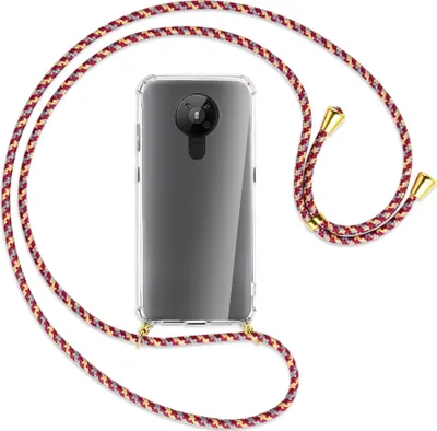 Produktbild von Handykette Backcover-Schutzhülle mit Band (Metall goldfarben) für Nokia 5.3 - weinrot/gelb/grau
