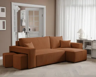 Produktbild von Idohome–Moderne Ecksofa PARIS mit Hockern mit Schlaffunktion, L-förmigen, Universale Couch, Bettcouch - Farbe: Orange Poso 40