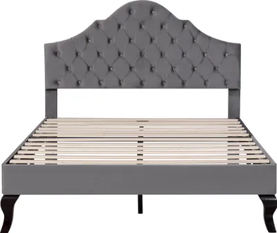 Produktbild von Flieks Polsterbett Doppelbett 140x200cm Jugendbett mit Lattenrost und muschelförmigem Kopfteil, Massivholzbett Ehebett Samt, Grau