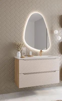 Productafbeelding van Badmeubelset 2-delig, badkamerset LAXY, eikenhout, beige, kast 90 cm, inclusief wastafel
