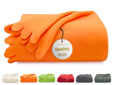 An orange fleece blanket folded with a tag attached, shown with smaller swatches of other colored blankets below.