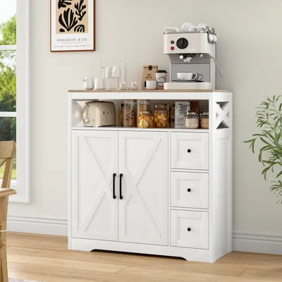Produktbild von Sideboard im skandinavischen Stil mit 3 Schubladen und 2 Türen aus MDF – klares Design, praktischer Stauraum, umweltfreundliche Materialien und einfache Montage