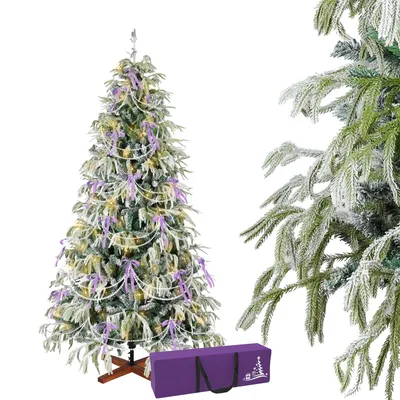 Produktbild von Verdego Künstlicher Weihnachtsbaum 210 cm, Tanne aus PVC & PE, mit LED-Beleuchtung, Schnee-Effekt, Holzständer, Handschuhen & Aufbewahrungstasche, KI-generiertes Bild