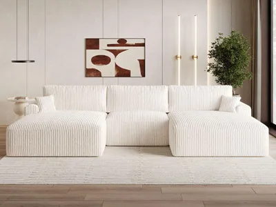 Produktbild von GrainGold Ecksofa U-Form Serene - Ecksofa mit Schlaffunktion, Bettkasten - Moderne Ecksofa, Wohnzimmer Sofa - Eckcouch mit Cord -Stoff - Creme (Tilia 01)
